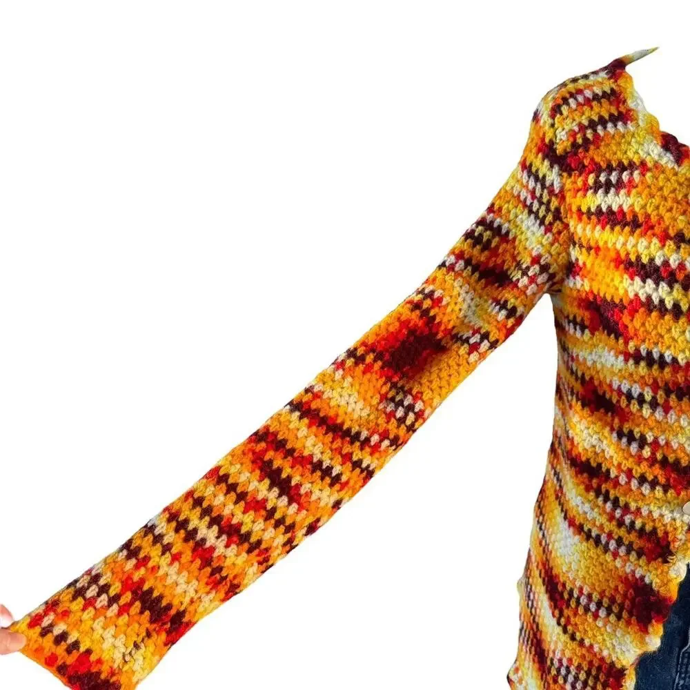 Vintage 70s Crochet Cardigan Sweater Handmade Retro Boho Grannycore Fall Knit - Picture 6 of 8